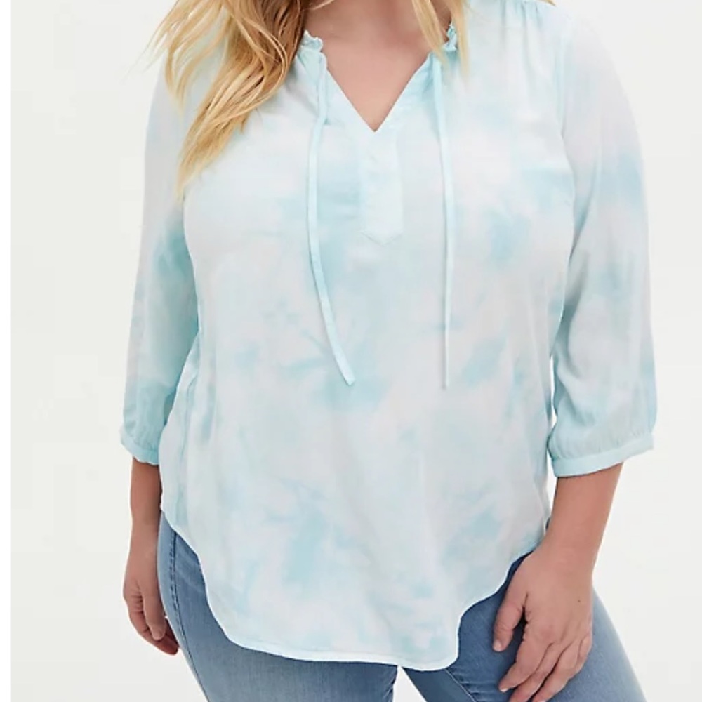 AQUA TIE-DYE TWILL PEASANT BLOUSE
